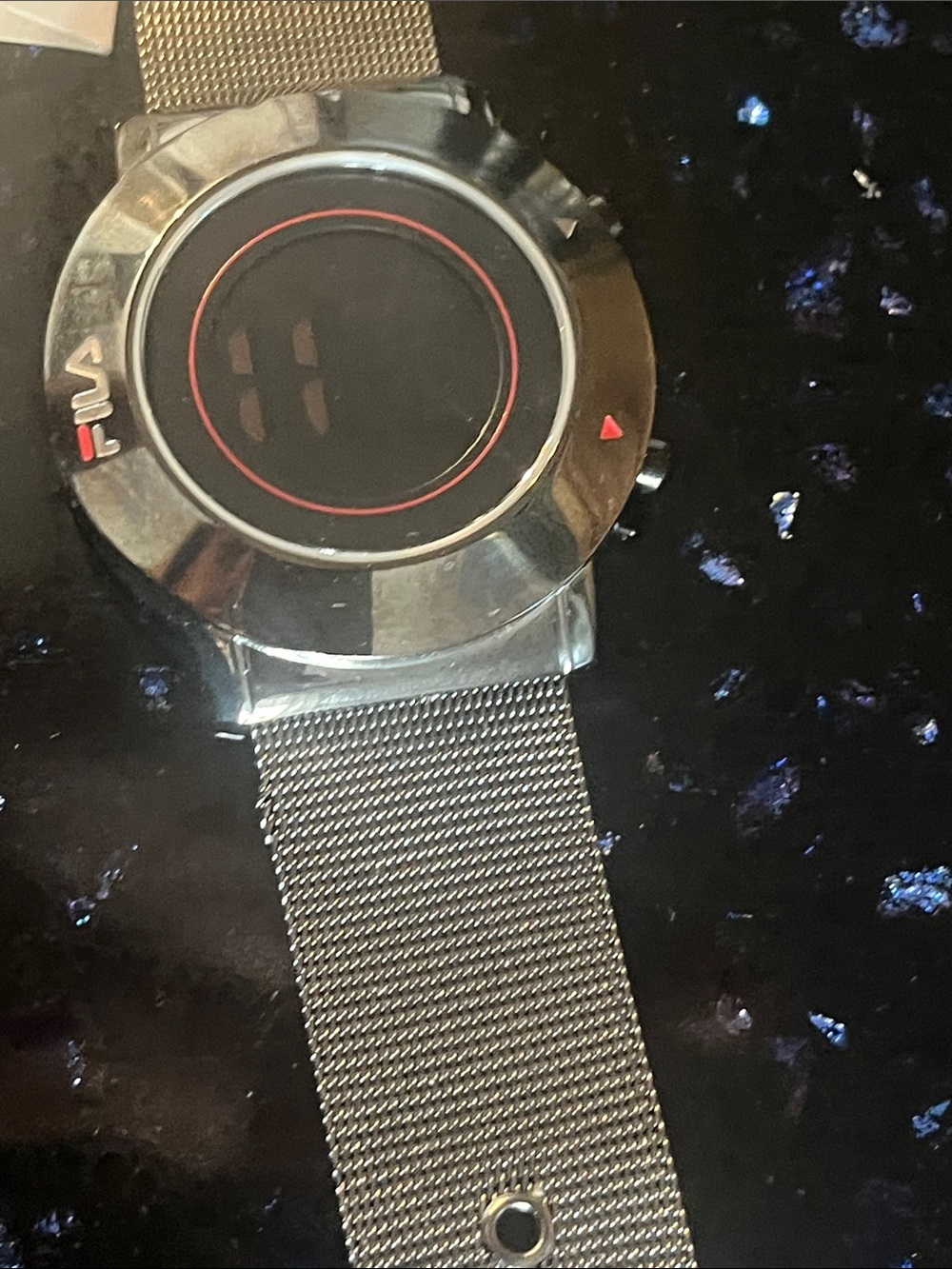 FILA Silver Mesh Digital Watch with Red Accents